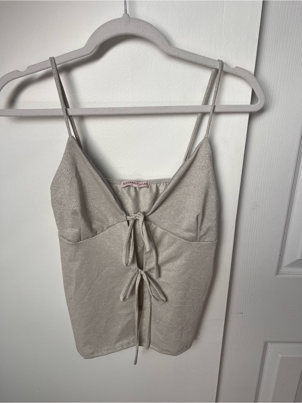 Sincerly Jules Silver Shimmery Tie-Front Spaghetti Strap Cami